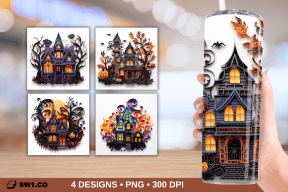 3D Paper Art Haunted House Tumbler Wrap