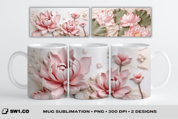 3D Pink Lotus Mug Sublimation Wrap PNG Graphics and Crafts