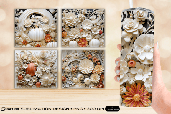 3D White Flower Tumbler Sublimation Wrap Graphics for Crafts